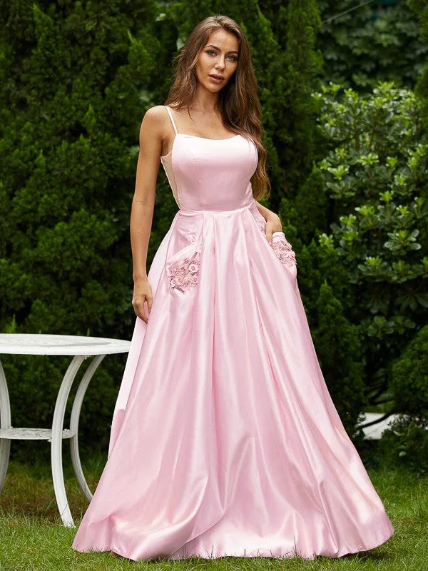 Sleeveless Dress With ChecksA-Line/Princess Satin Applique Spaghetti Straps Sleeveless Floor-Length Dresses