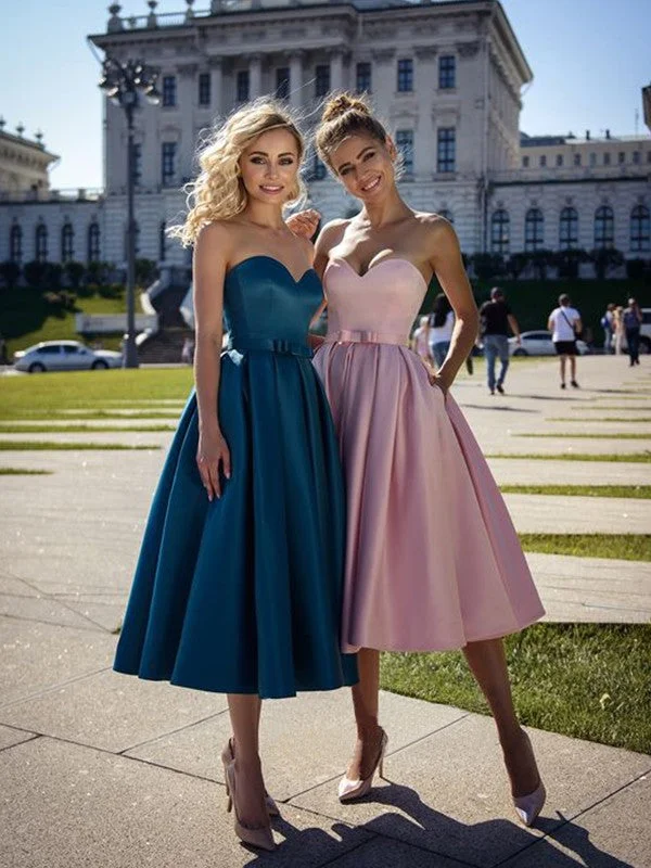 elegant party dressesA-Line/Princess Satin Bowknot Sweetheart Sleeveless Tea-Length Homecoming Dresses