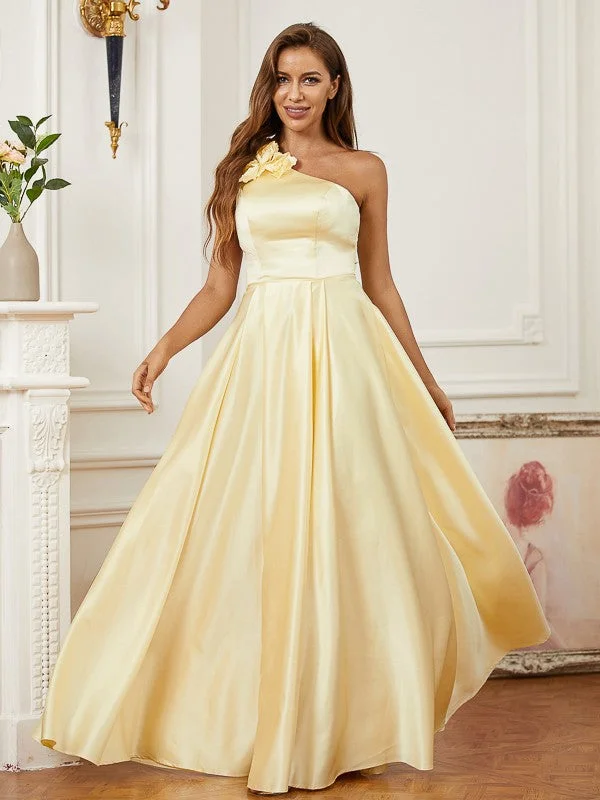 Sleeveless Dress With High SlitA-Line/Princess Satin Hand-Made Flower One-Shoulder Sleeveless Floor-Length Dresses