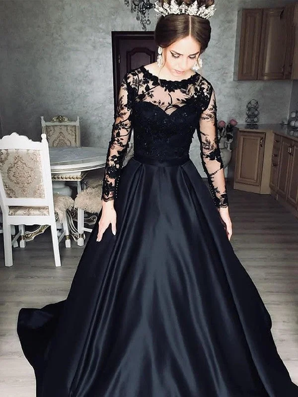 Feminine Long Sleeves DressA-Line/Princess Satin Lace Bateau Long Sleeves Sweep/Brush Train Dresses