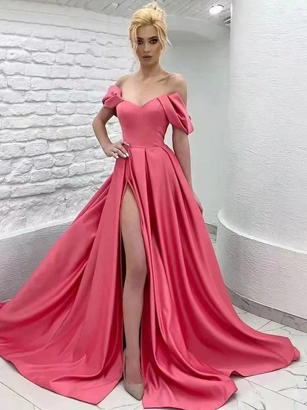 Sleeveless Dress For WeddingA-Line/Princess Satin Ruffles Off-the-Shoulder Sleeveless Sweep/Brush Train Dresses