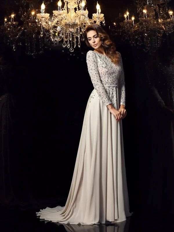 Formal Long Sleeves Lace-Up DressA-Line/Princess Scoop Beading Long Sleeves Long Chiffon Dresses