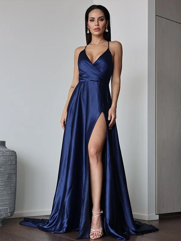 Sleeveless Dress With Long SkirtA-Line/Princess Silk Like Satin Ruched V-neck Sleeveless Sweep/Brush Train Dresses