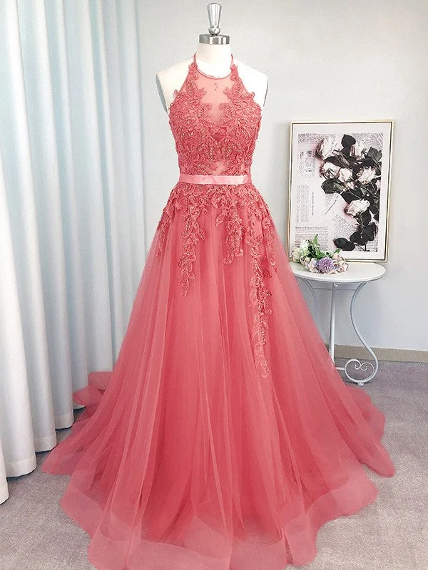 Sleeveless Dress High-LowA-Line/Princess Sleeveless Tulle Halter Applique Sweep/Brush Train Dresses