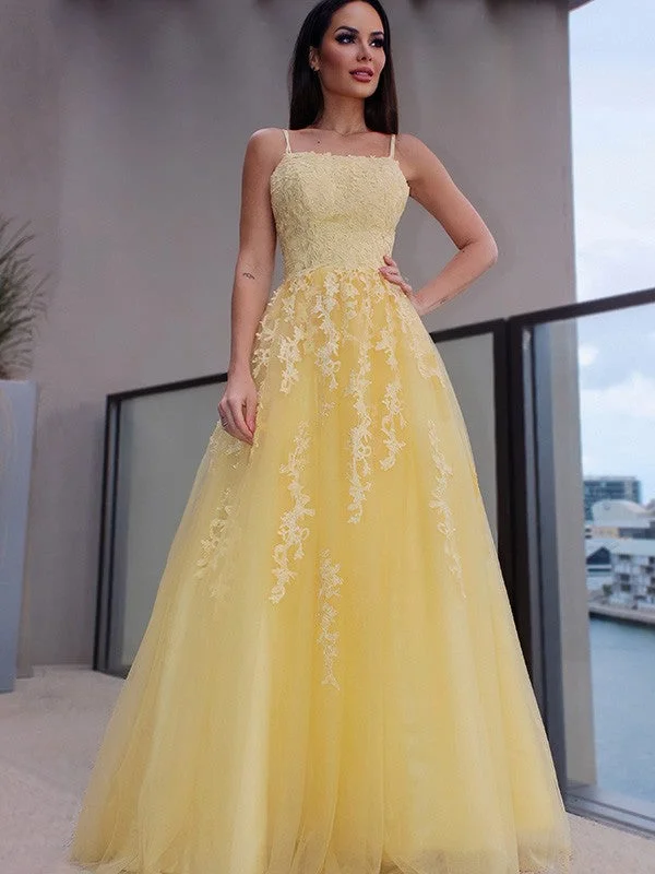 Sleeveless Dress HomecomingA-Line/Princess Spaghetti Straps Applique Sleeveless Tulle Floor-Length Dresses