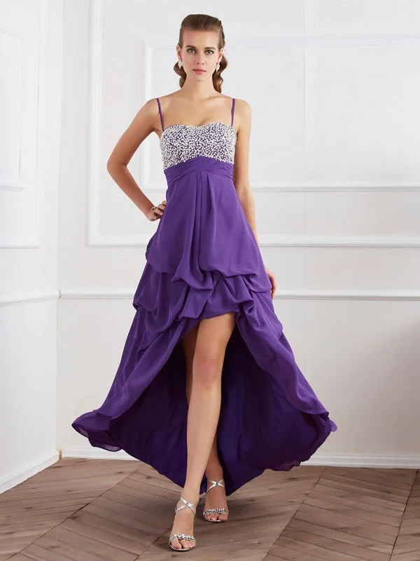 Sleeveless Dress With Zip-Up BackA-Line/Princess Spaghetti Straps Sleeveless Ruffles High Low Chiffon Dresses