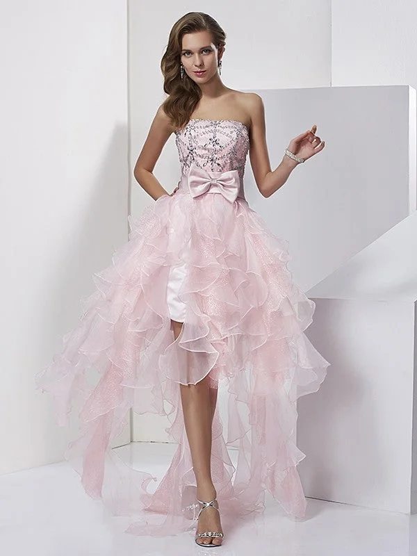 stretchy party dressesA-Line/Princess Strapless Sleeveless Beading High Low Organza Homecoming Dresses