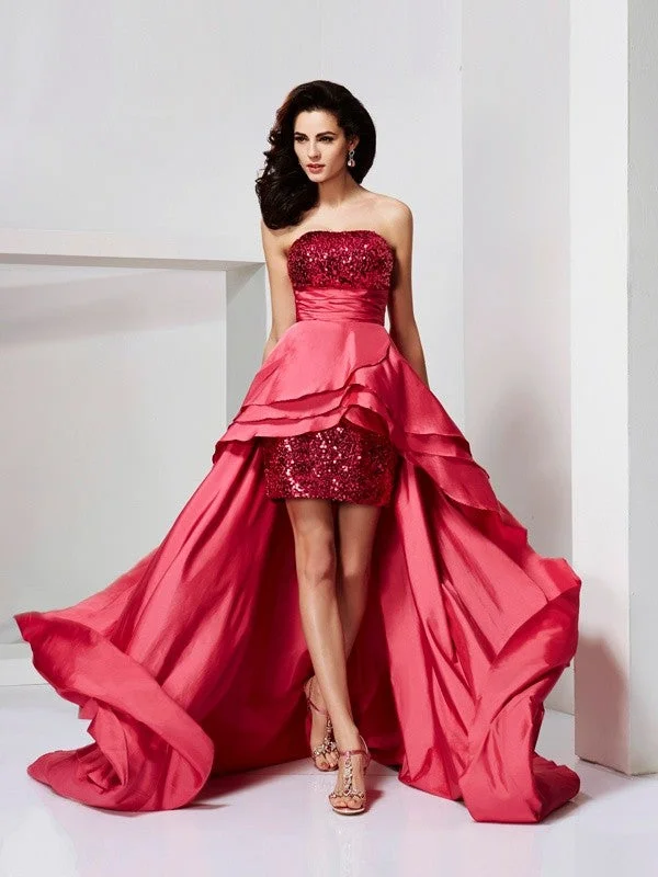 Sleeveless Dress With Keyhole BackA-Line/Princess Strapless Sleeveless Lace High Low Taffeta Dresses