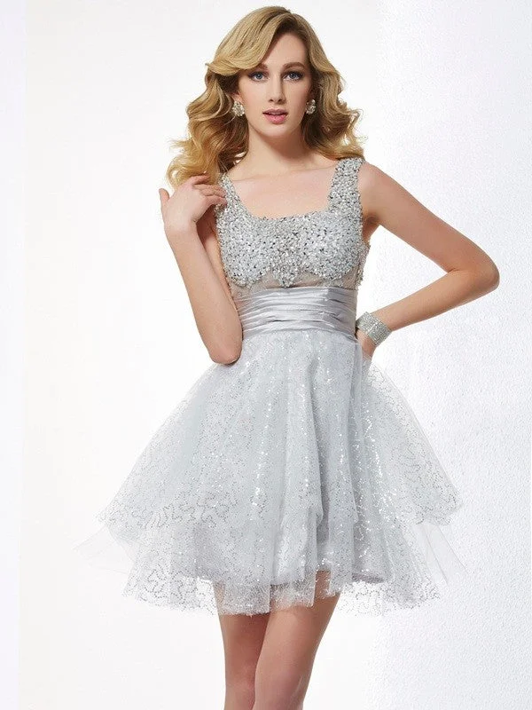 vintage party dressesA-Line/Princess Straps Sleeveless Beading Short Elastic Woven Satin Homecoming Dresses