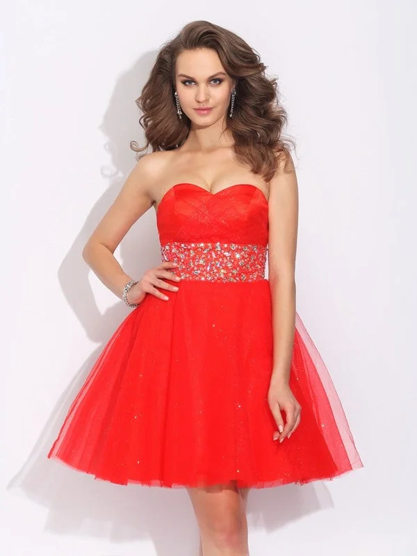 Sleeveless Dress With Sweetheart NecklineA-Line/Princess Sweetheart Rhinestone Sleeveless Short Net Dresses