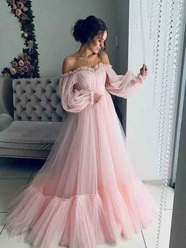 Flowing Long Sleeves DressA-Line/Princess Tulle Applique Off-the-Shoulder Long Sleeves Floor-Length Dresses