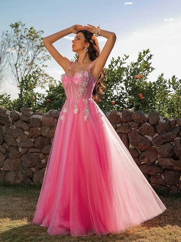 Sleeveless Dress With Low CutA-Line/Princess Tulle Applique Straps Sleeveless Floor-Length Dresses