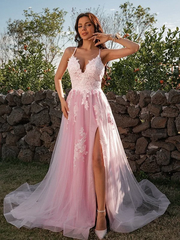 Sleeveless Dress With ChecksA-Line/Princess Tulle Applique V-neck Sleeveless Sweep/Brush Train Dresses