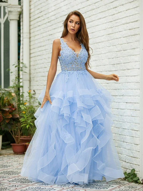 Sleeveless Dress CroppedA-Line/Princess Tulle Lace V-neck Sleeveless Floor-Length Dresses