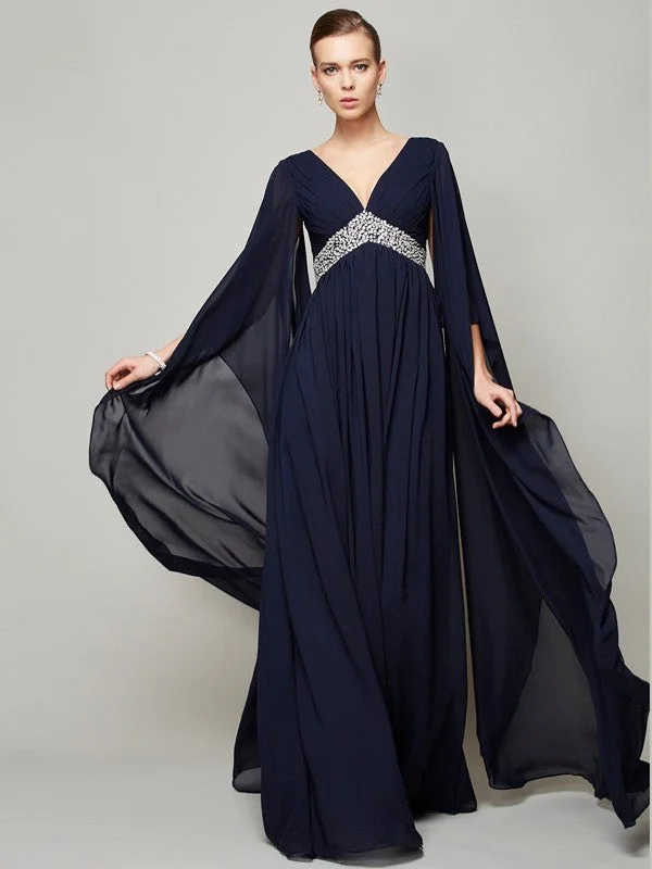 Funky Long Sleeves Cami DressA-Line/Princess V-neck Long Sleeves Beading Long Chiffon Dresses