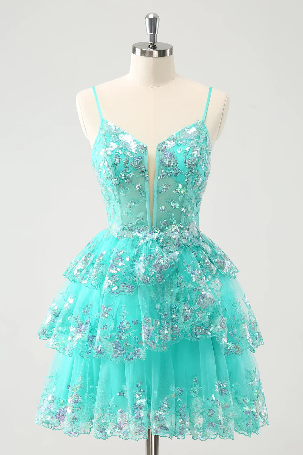 mermaid party dressesA-Line Sparkly Spaghetti Straps Tiered Homecoming Dress with Sequins