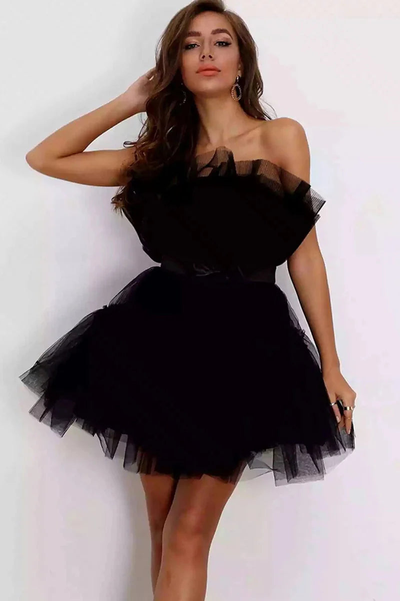 ruffle party dressesA Line Strapless Black Homecoming Dress