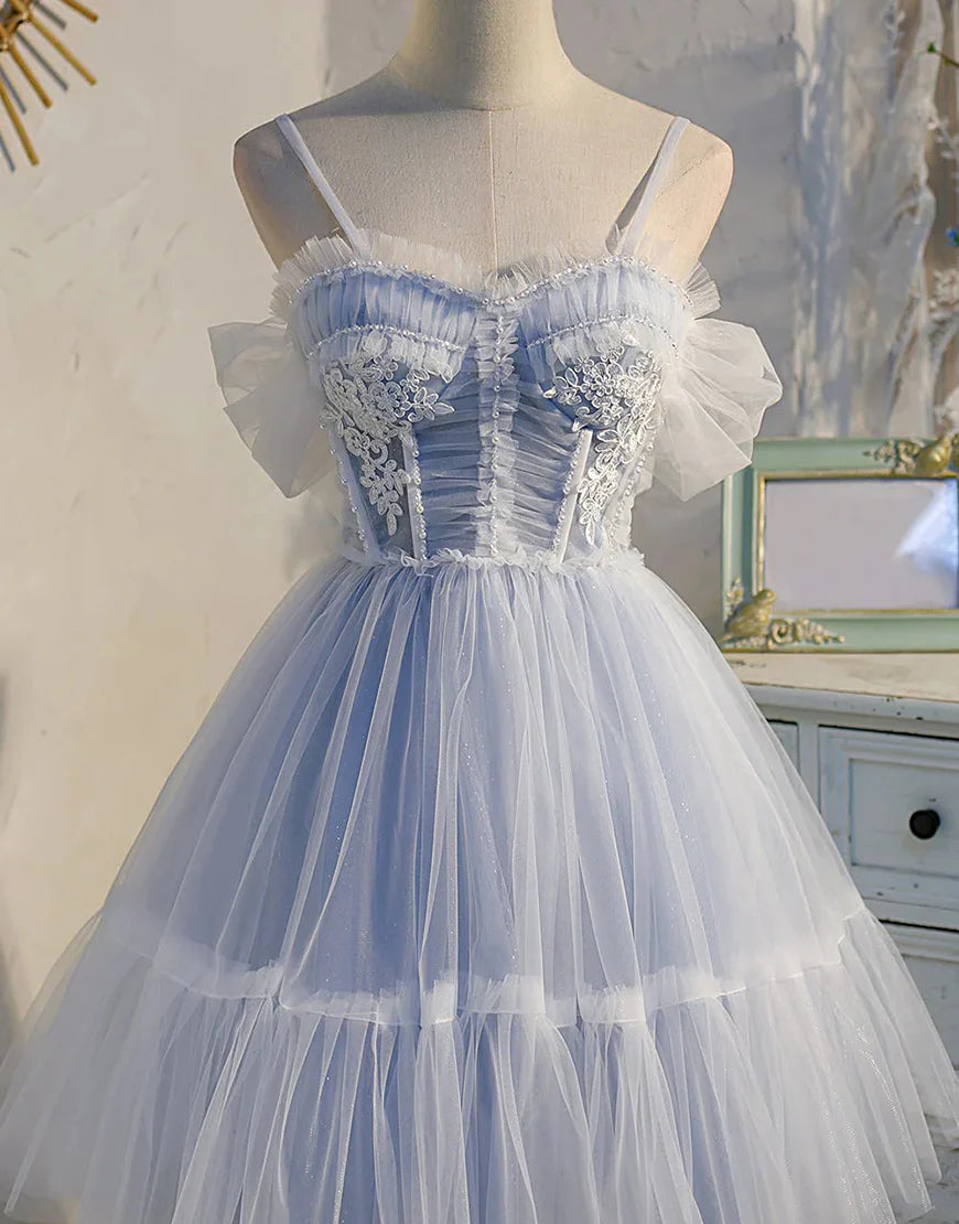 spring party dressesA Line Tulle Blue Off The Shoulder Cute Homecoming Dress with Pleated