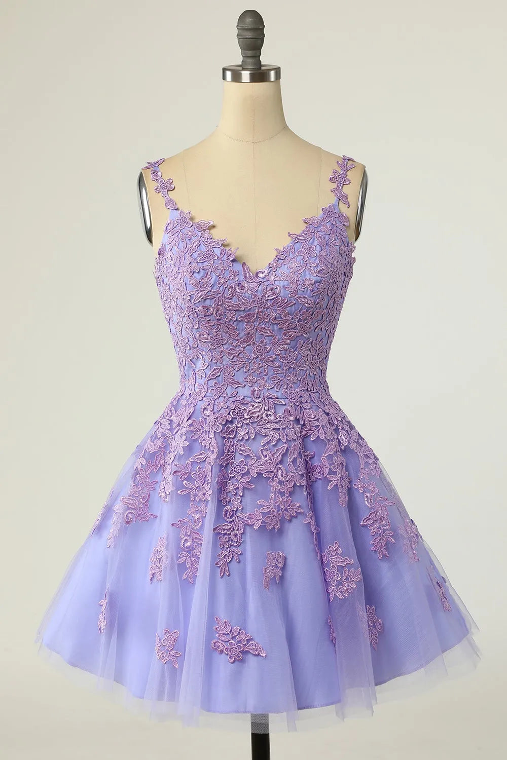 comfortable party dressesA Line Tulle V-Neck Spaghetti Straps Purple Short Homecoming Dress