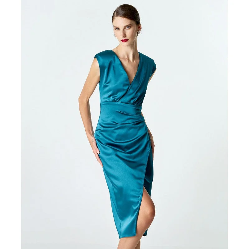 Sleeveless Dress With EmbroideryAccess Fashion Petrol Sleeveless Satin Wrap Dress