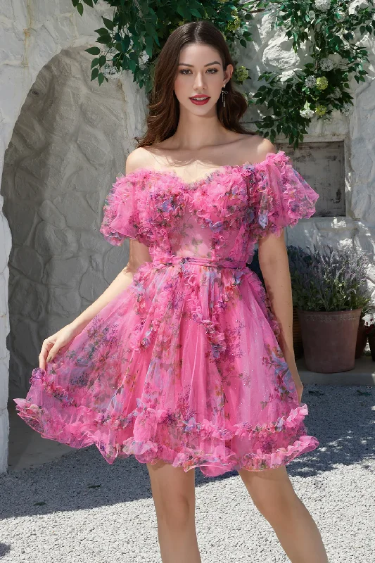 sustainable party dressesBeautiful A Line Off the Shoulder Fuchsia Tulle Short Homecoming Dress with Short Sleeves