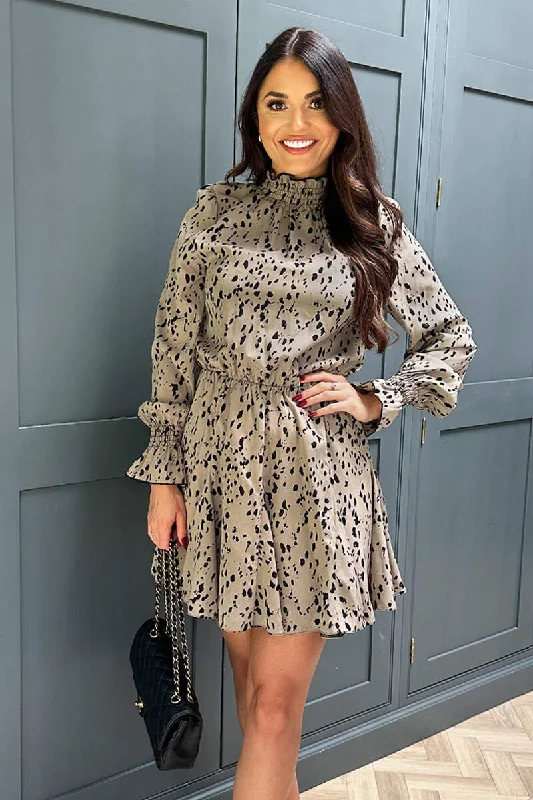 Fancy Lace Overlay Long Sleeves DressBeige Animal Print Long Sleeve Shirred Detail Skater Dress