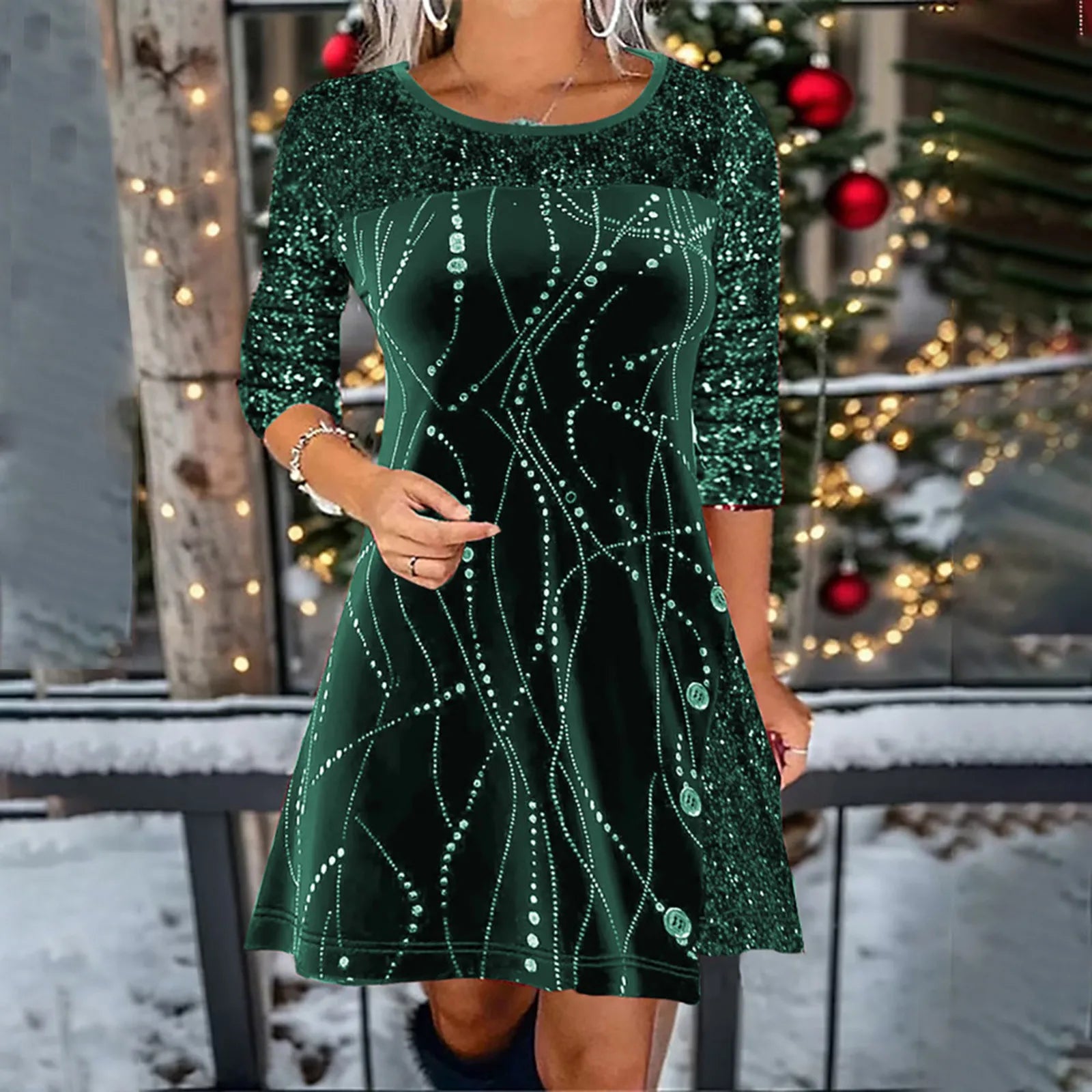 Flexible Long Sleeves DressSequined Patchwork Shining Fashion Women's Casual Spring Autumn Y2K Tunic Long Sleeve Dress