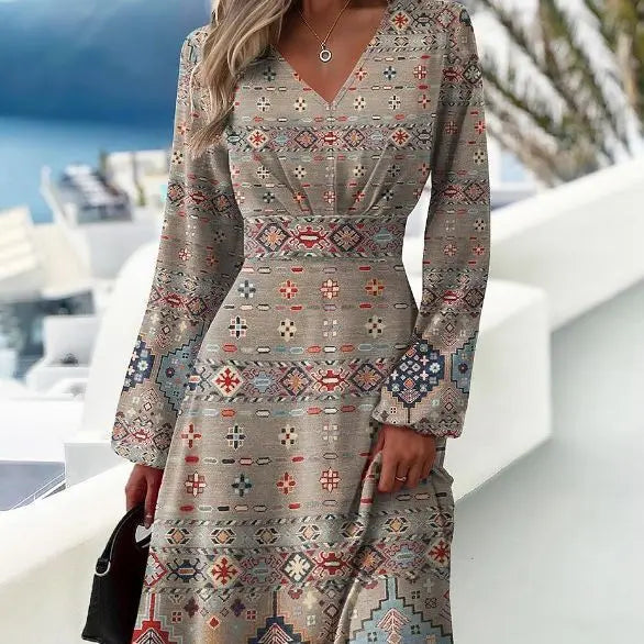 Fancy Long Sleeves Dress2024 Spring New Slim Fit V-Neck Long Sleeve Floral Dress