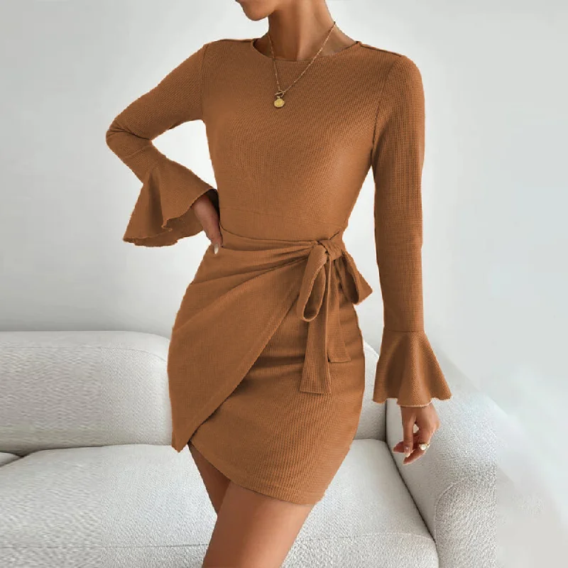 Flexible Stretch Long Sleeves DressWaffle Long Sleeve Slim Dress