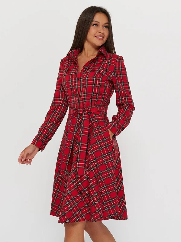 Flowery Long Sleeves DressVintage Scottish Plaid Shirt Dress Long Sleeve Turn-down Collar Belt Button A-line Casual Dresses