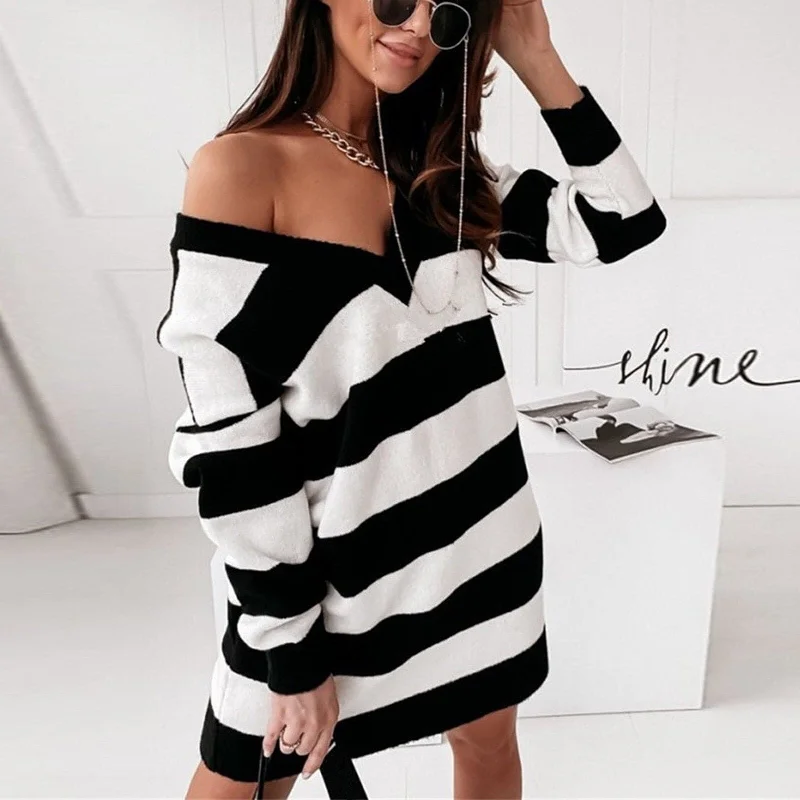 Flowing Long Sleeves Prom DressV-neck Striped Long Sleeve Knitted Off Shoulder Dress