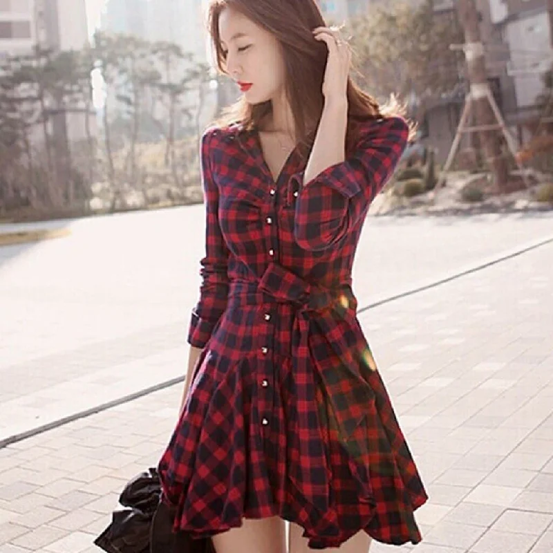 Fabulous Lace Long Sleeves DressChristmas Long Sleeve Scottish Plaid Slim Dress