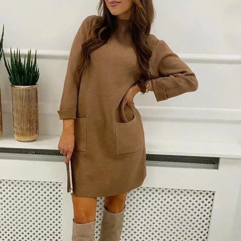 Formal Party Long Sleeves DressWomen Autumn Winter Oversize Loose Pocket Round Neck Boutique De Velvet Long Sleeve Dress Female Warm Straight Dress