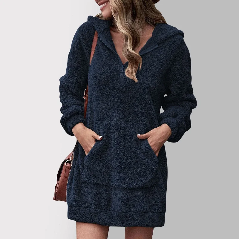 Flexible Cotton Long Sleeves DressLong Sleeve Plush Hooded Warm Fluffy Pullover Sweatshirt Dress