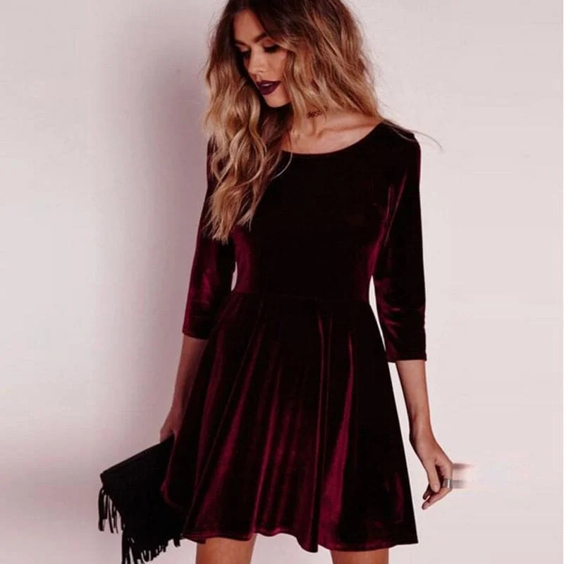 Fitted Silk Long Sleeves DressWomen Swing Hem Velvet Long Sleeve Slim Dress