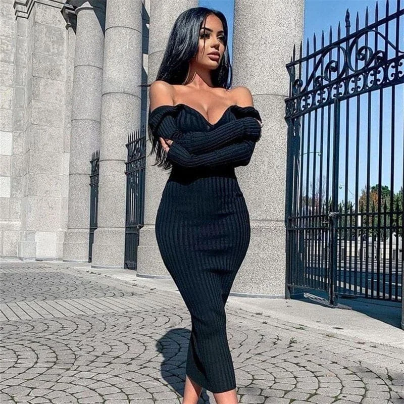 Formal Occasion Long Sleeves DressSexy Strapless Ribbed Knitted Long Sleeve Sweater Dress