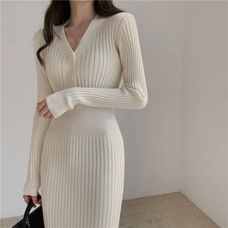 Fashionista Long Sleeves DressWomen Slim Vintage Knitted Long Sleeve Sweater Dresses