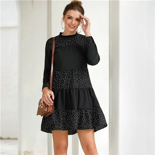 Flowery Long Sleeves Peplum DressFashionSierra - Black Contrast Polka Dot Frill Mock Neck Babydoll Dress Women Spring Long Sleeve Casual Flared Smocked Short Dresses