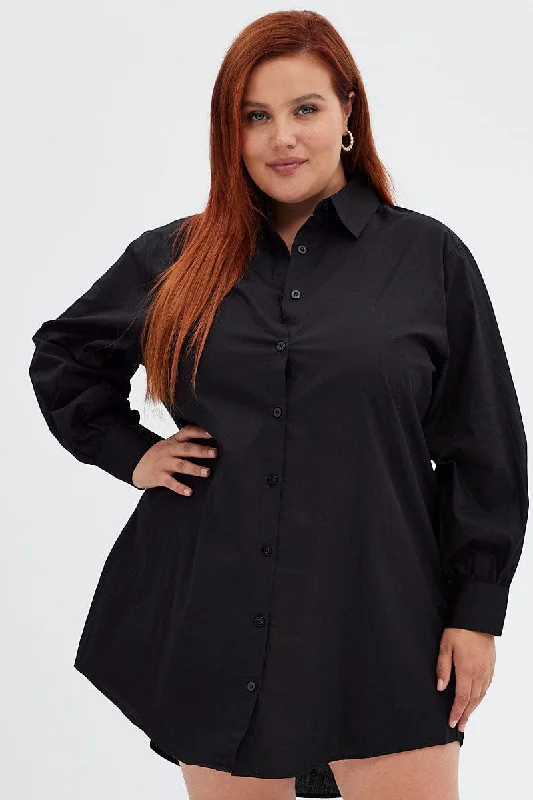 Full-Body Long Sleeves Jumpsuit DressBlack Cotton Shirtdress Oversized Long Sleeve