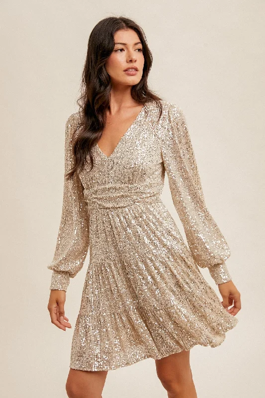 Flexible Fit Long Sleeves DressChampagne Metallic Sparkling Sequin Long Sleeve Tiered Holiday Cocktail Dress