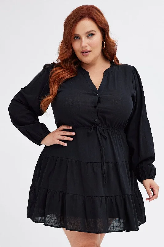 Fabulous Long Sleeves DressBlack Shirt Dress Long Sleeve V-neck Tiered