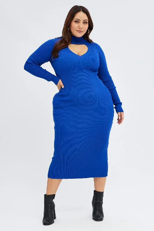 Fitted Long Sleeves DressBlue Knit Dress Long Sleeve High Neck Cut Out