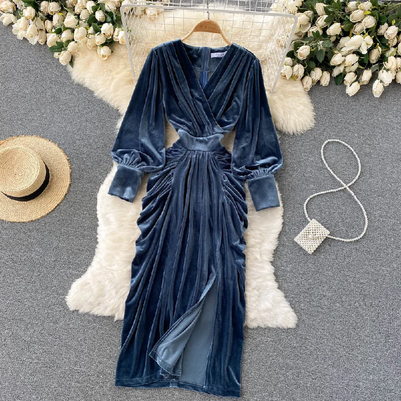 Funky Patterned Long Sleeves DressBlue V-neck Velvet Dress, Long Sleeve Fashion Dress    S4411