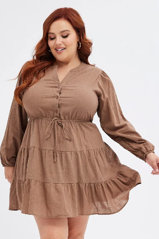 Flattering Long Sleeves DressBrown Shirt Dress Long Sleeve V-neck Tiered