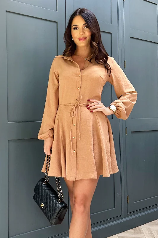 Flowing Tulle Long Sleeves DressCamel Long Sleeve Button Front Skater Shirt Dress