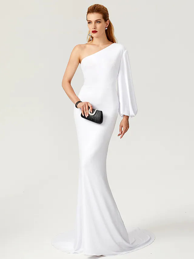 Fashionable Long Sleeves Off-the-Shoulder DressCelebrity Style Dress Engagement Court  Long Sleeve One Shoulder Jersey with Pleats