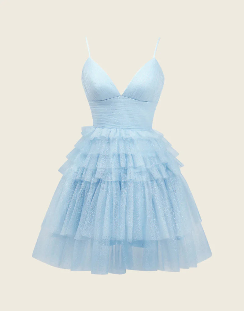 asymmetrical party dressesCute A-Line Deep V Neck Tulle Tiered Homecoming Dress