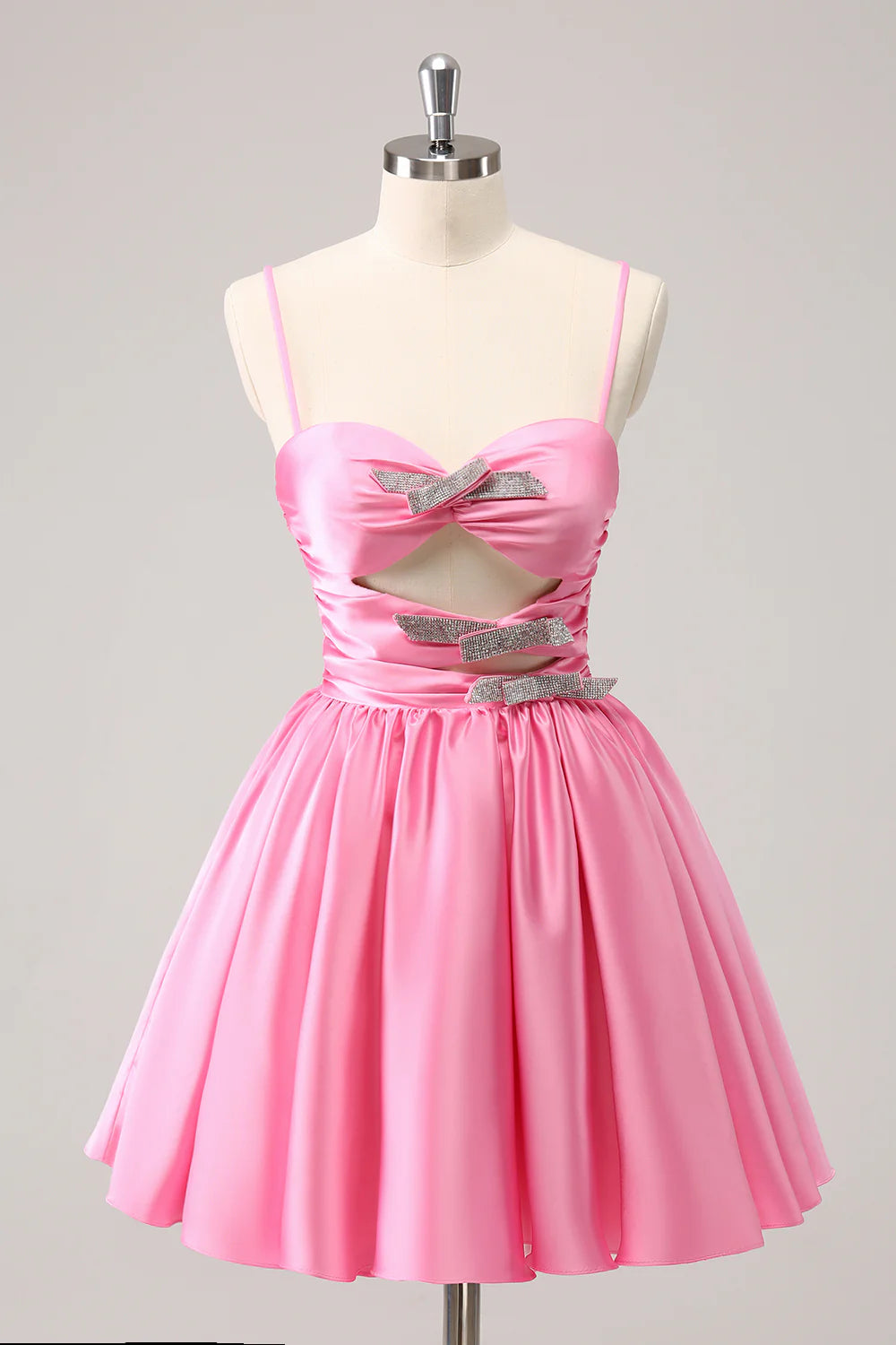 ball gown party dressesCute A-Line Spaghetti Straps Pleated Homecoming Dress with Keyhole