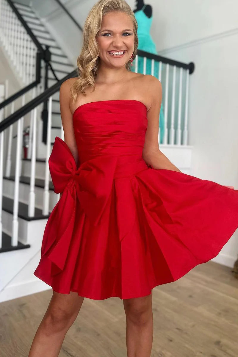 pastel party dressesCute A-Line Strapless Red Satin Short Homecoming Dresses with Bow