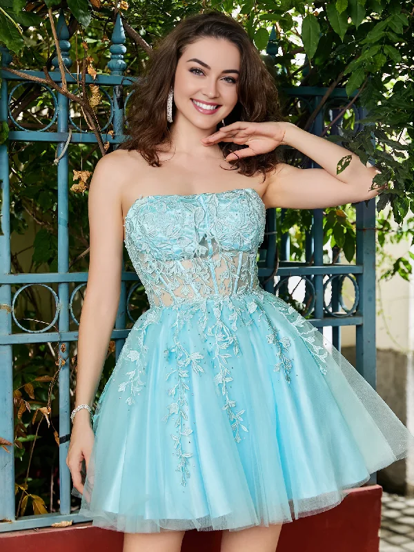 asymmetrical party dressesCute A-Line Strapless Transparent Lace Tulle Spa Homecoming Dress